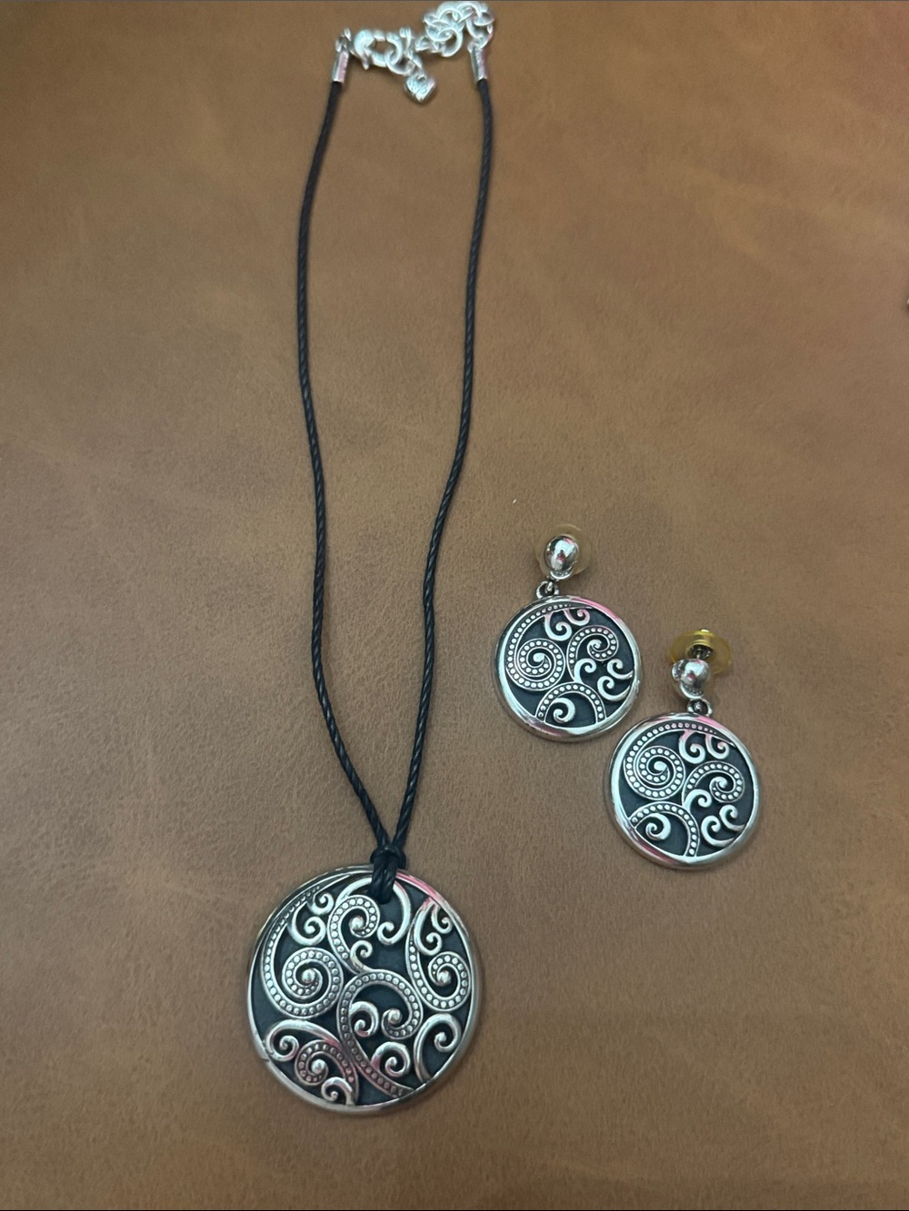 Silver Swirl Pendant Necklace and Earring Set - Black Cord